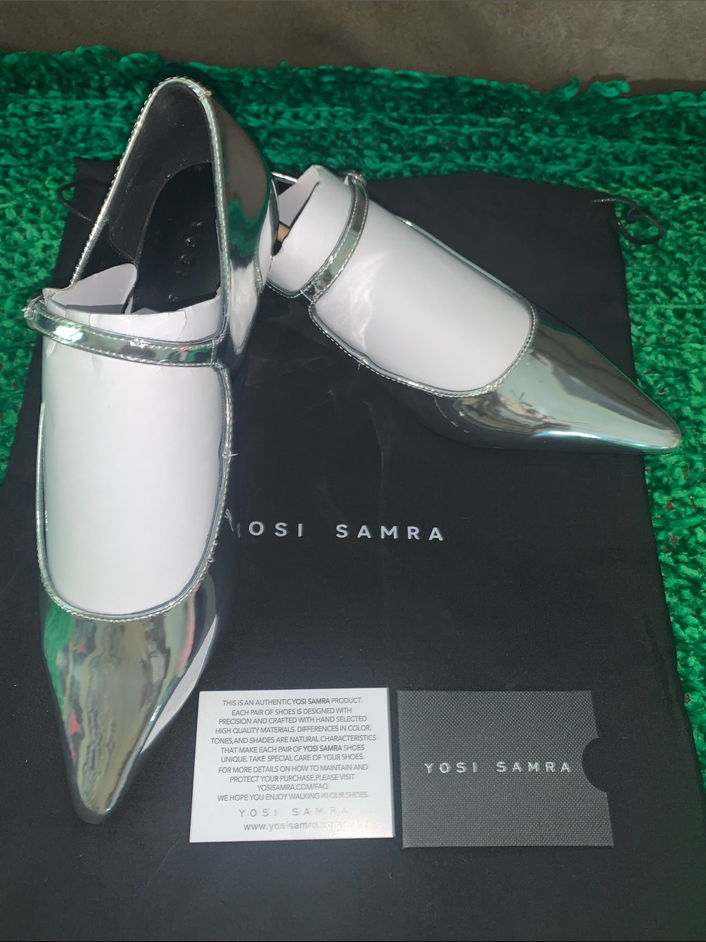 Yosi Samra Silver and White Pointed Mary Jane Flats